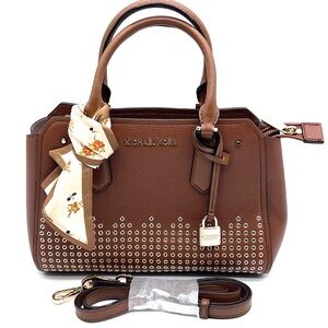Michael Kors Studded Leather Satchel Brown Gold Grommet Crossbody Bag NWOT